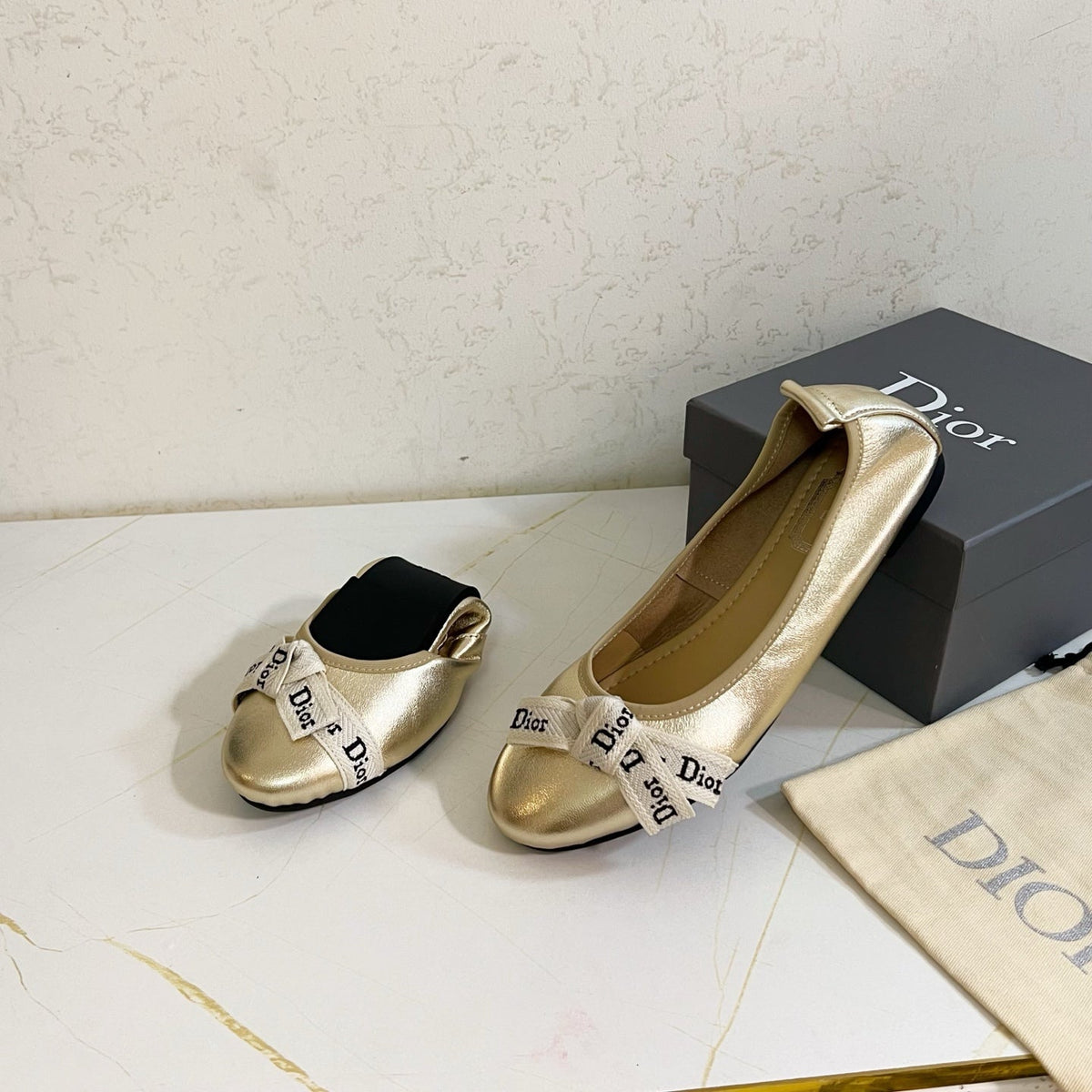 Dior 26s Bow Ballet Flats Gold Calfskin