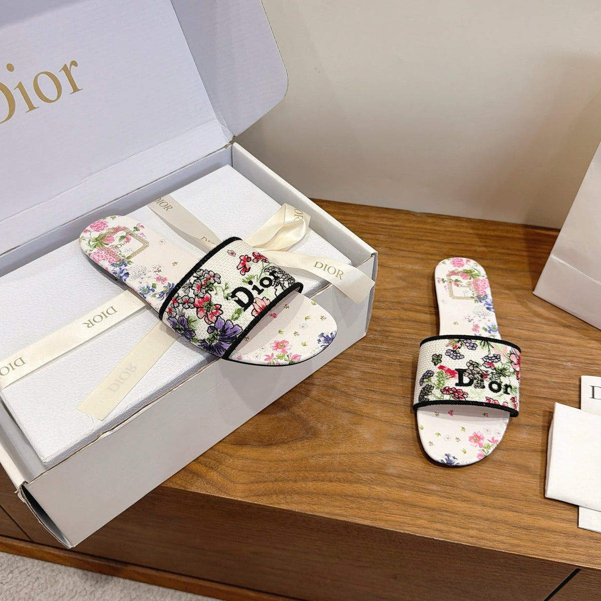 CD 26s Flat Slide Sandals Multicolor Embroidered Canvas 739158