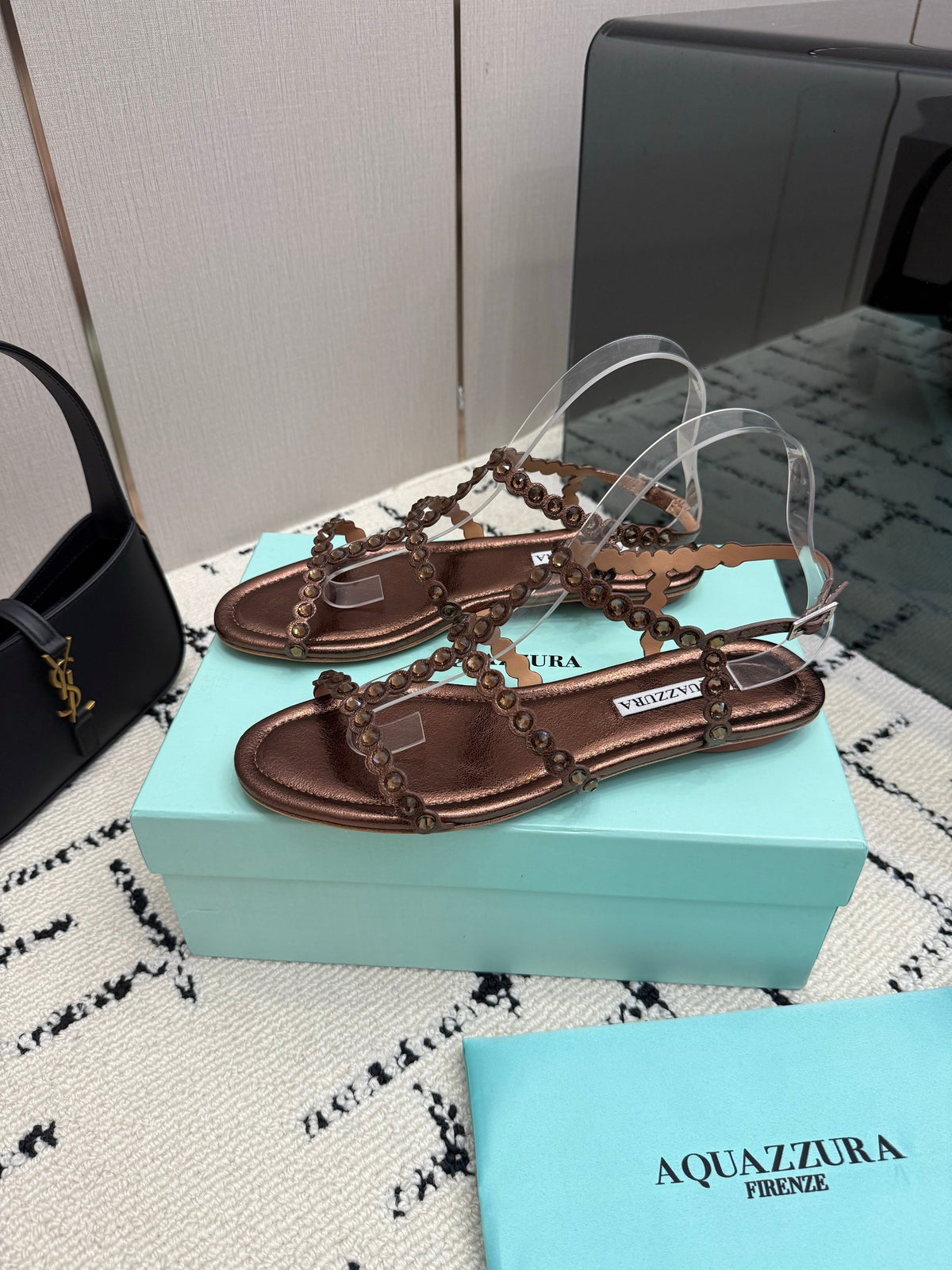 Aquazzura 26s Flat Sandals Dark Brown Lambskin Crystal-Embellished 824915