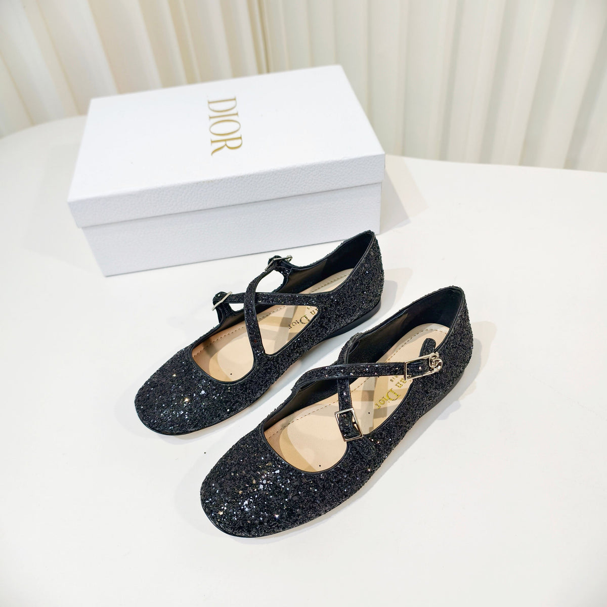 Dior 26s Mary Jane Flats Black Sequin Embroidered Fabric