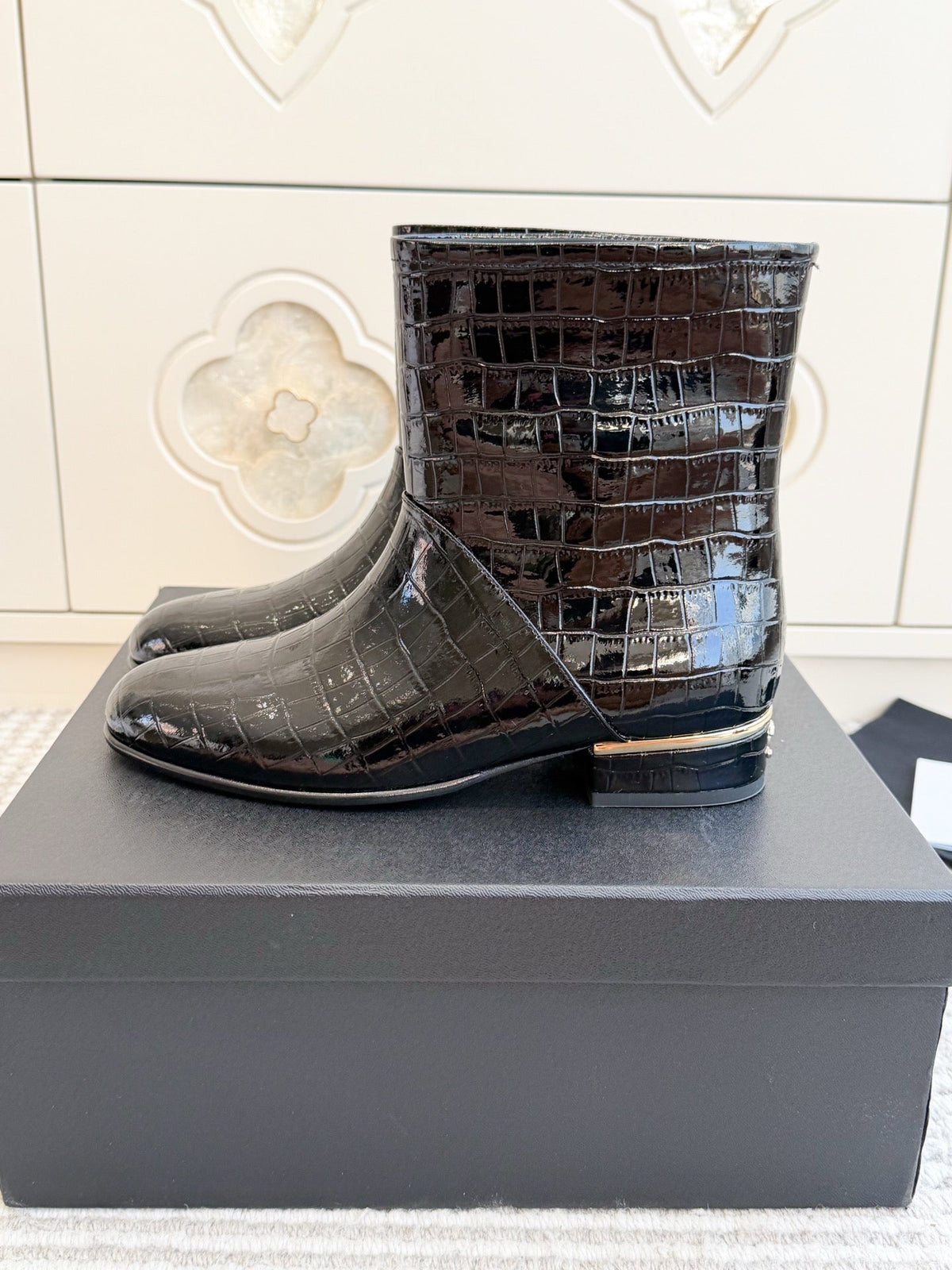 Chanel 26s Short Boots Black Patent Crocodile Embossed