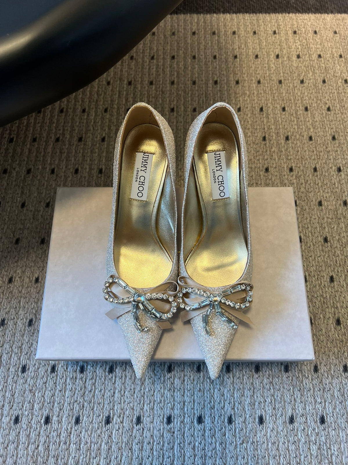 Jimmy Choo 26S High Heels 7.0cm Platinum Ice Glitter Fabric With Bow 841395