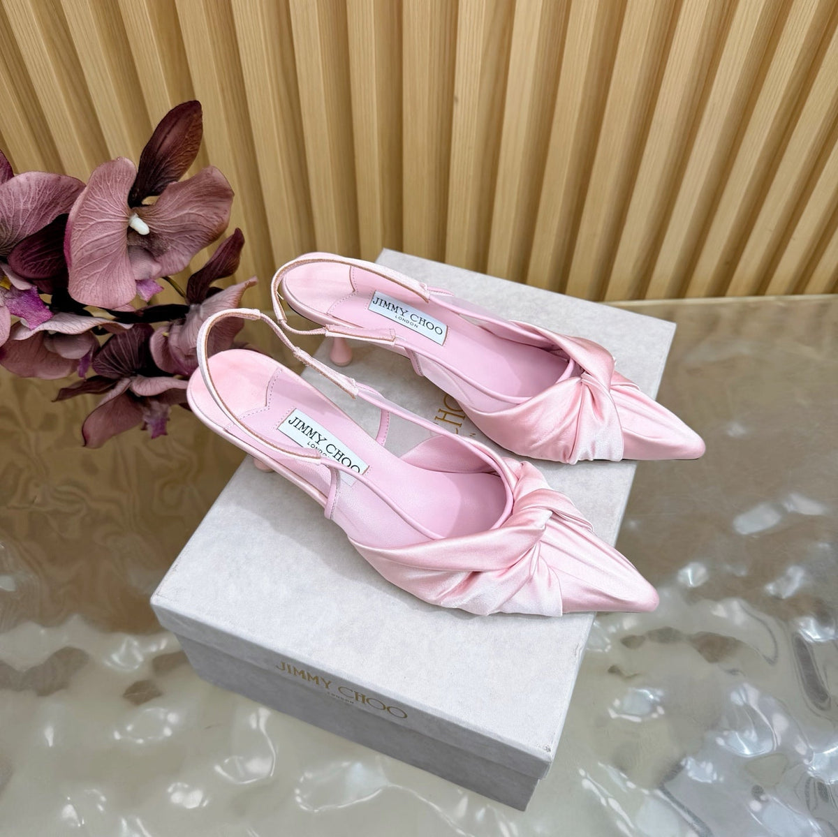 Jimmy Choo 26S Slingback Heels 6.0cm Light Pink Satin With Knot Detail 521946