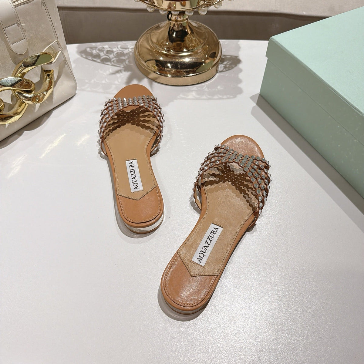 Aquazzura 26s Slides Light Brown Lambskin Crystal Embellished 384029