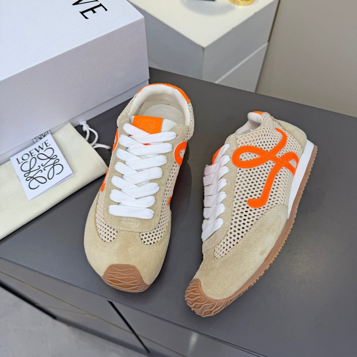 Loewe 26S Runner 2.0 Sneakers in Beige Suede and Mesh Fabric