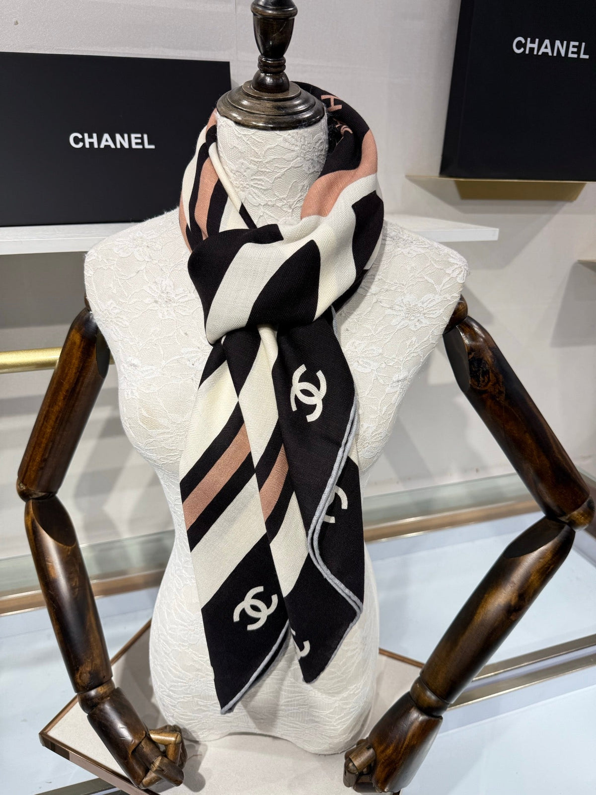Chanel 2026 CC Logo Square Scarf Black Silk Cashmere 219223