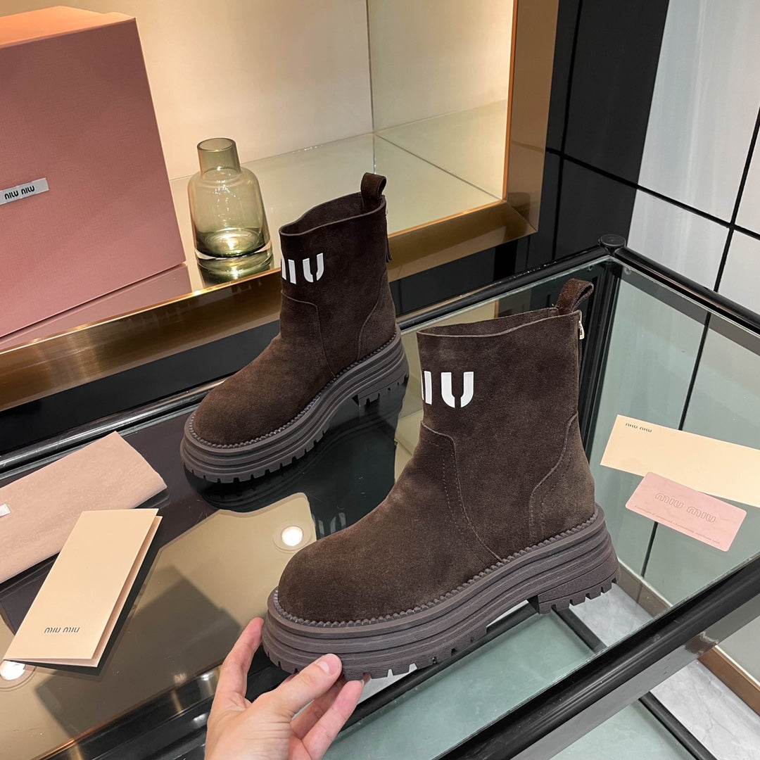 Miumiu 26s Logo Chunky Ankle Boots Dark Brown Suede
