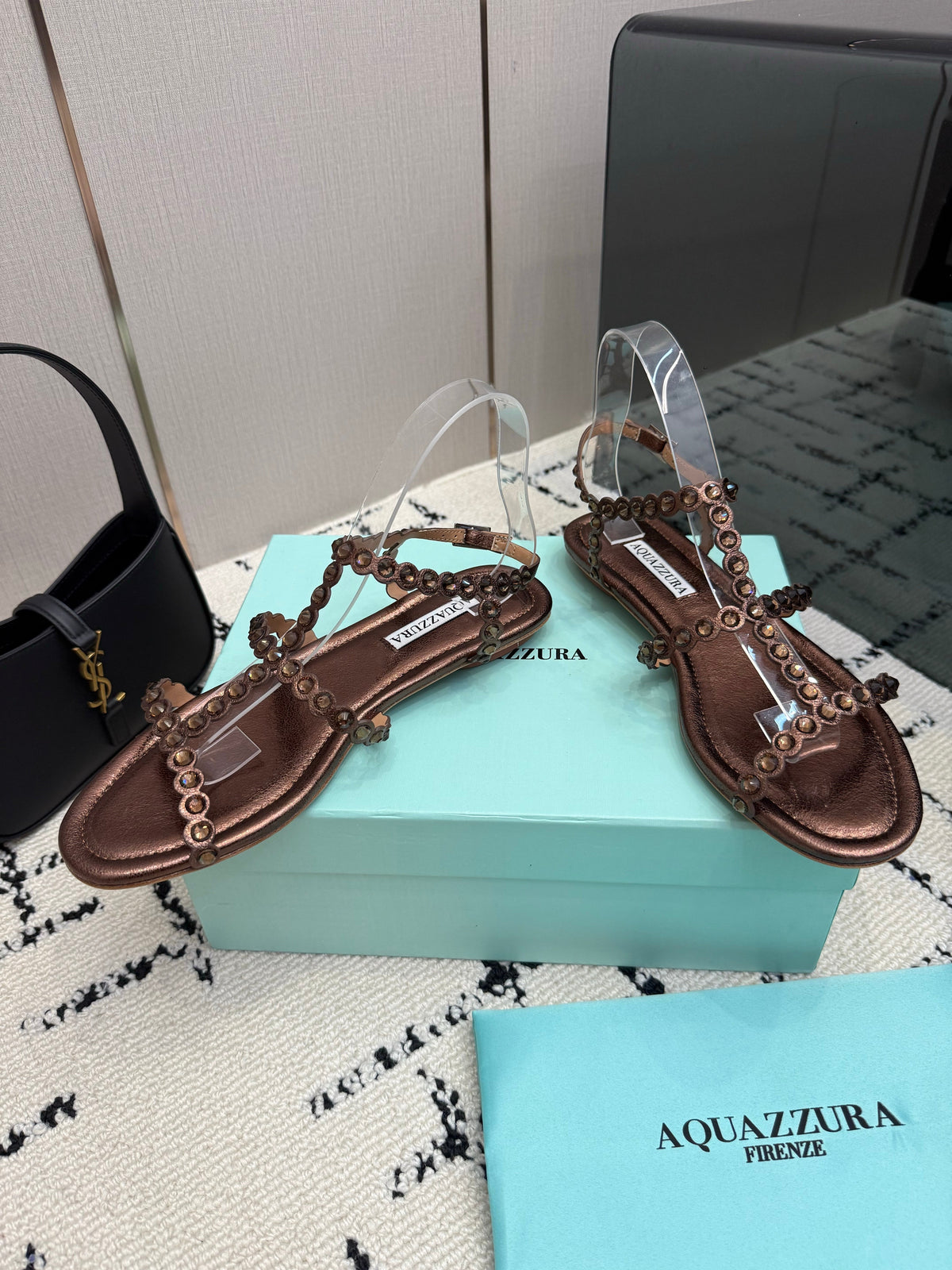 Aquazzura 26s Flat Sandals Dark Brown Lambskin Crystal-Embellished 824915