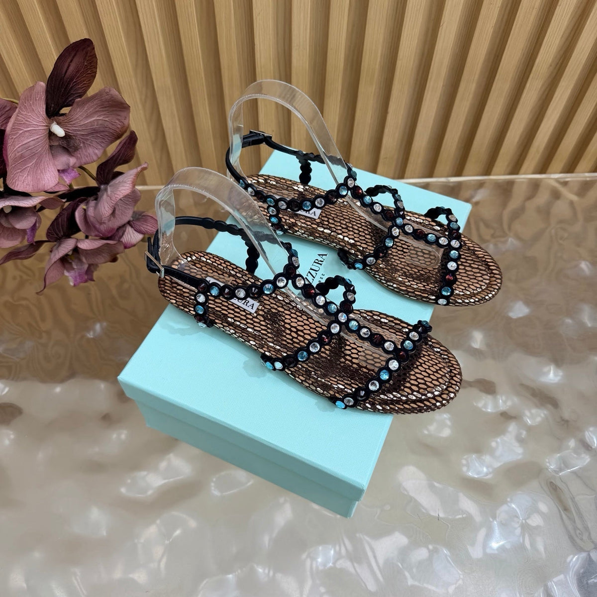 Aquazzura 26s Flat Sandals Bronze Metallic Snakeskin Crystal Embellished 831495