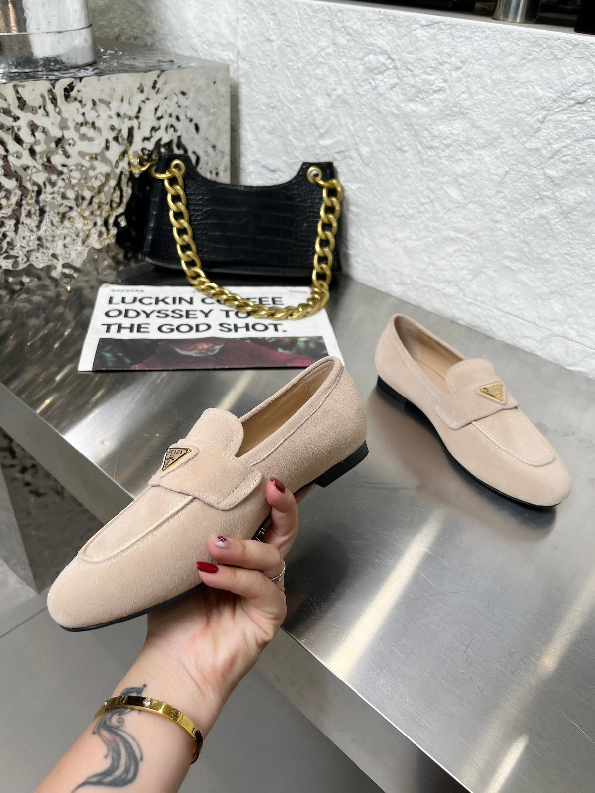 Prada 26S Classic Loafers Nude Beige Logo Suede