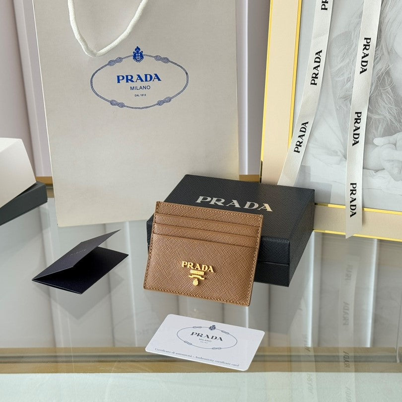 Pra Gold Logo-Stamp Card Holder Brown Saffiano Leather