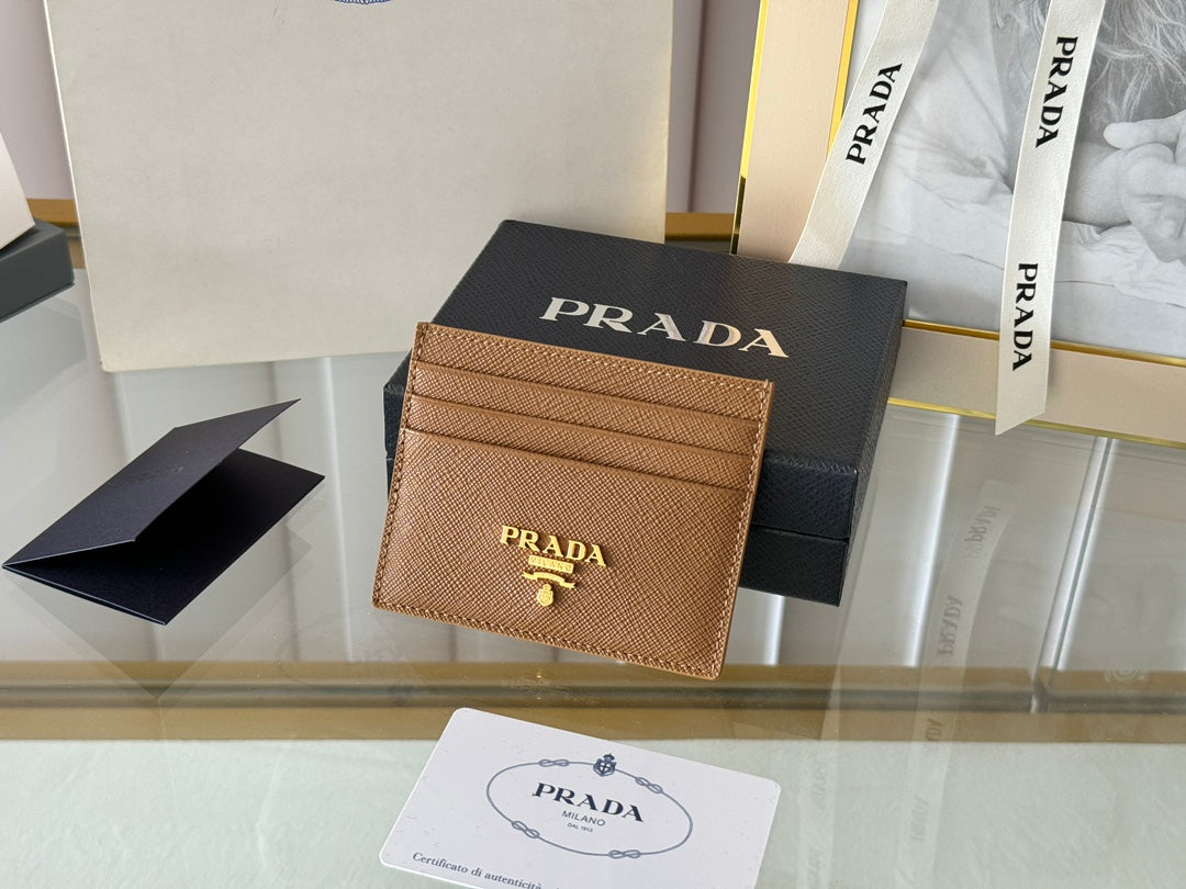 Pra Gold Logo-Stamp Card Holder Brown Saffiano Leather