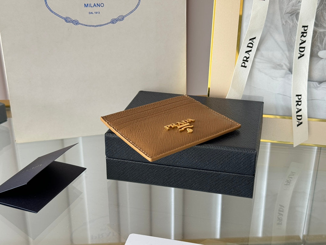 Pra Gold Logo-Stamp Card Holder Brown Saffiano Leather