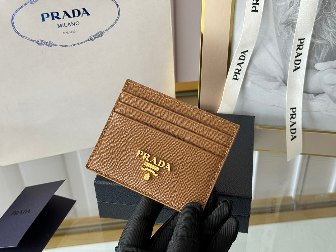 Pra Gold Logo-Stamp Card Holder Brown Saffiano Leather