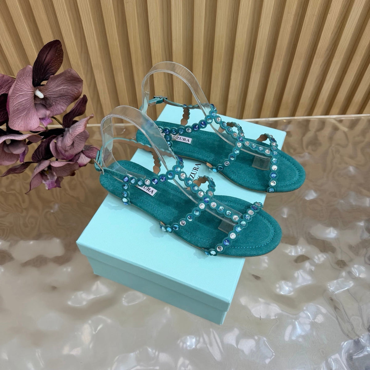 Aquazzura 26s Flat Sandals Teal Green Suede Crystal Embellished 615934