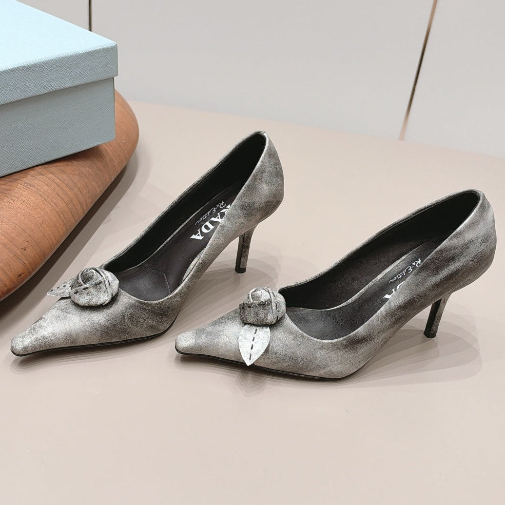 Prada 2026 Rosette Pointed-Toe Shoe 80mm Suede Leather 176075