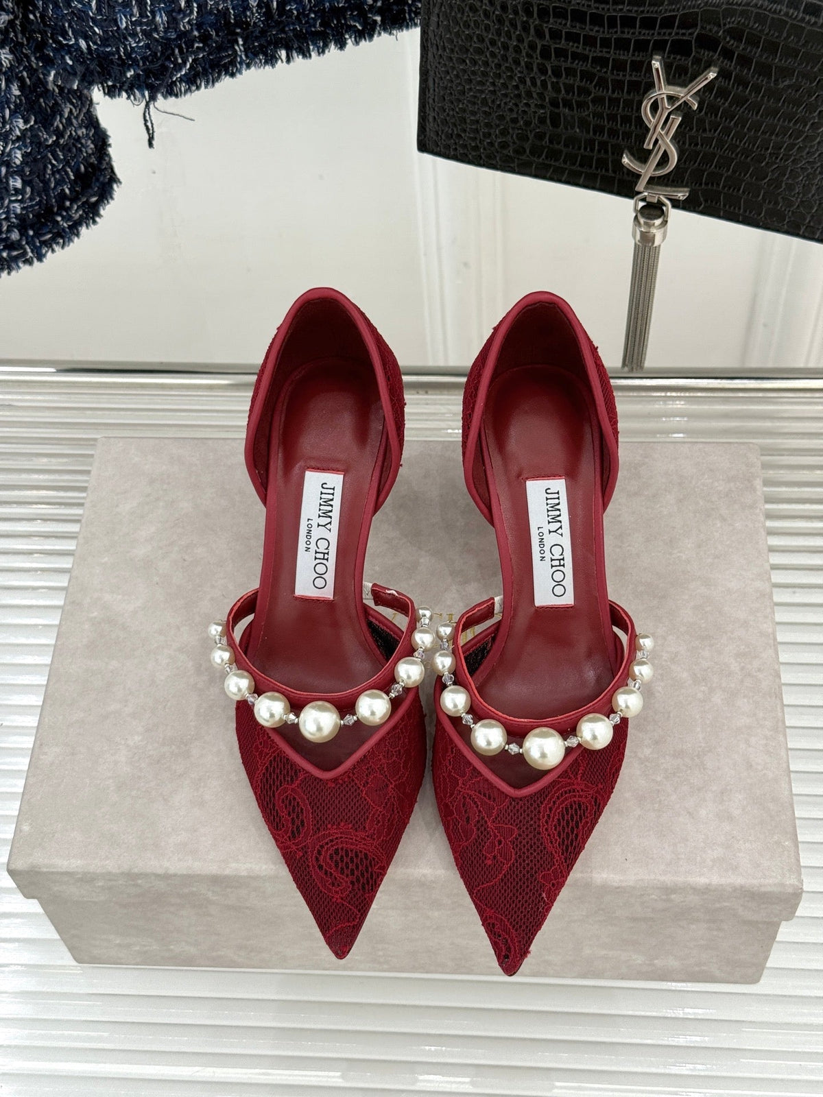 Jimmy Choo 26S High Heels 6.5cm Dark Red Lace Pearl-Embellished 384159