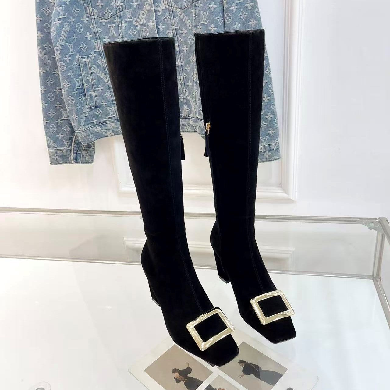 Belle Vivier Long Booties 7.5cm Black Suede