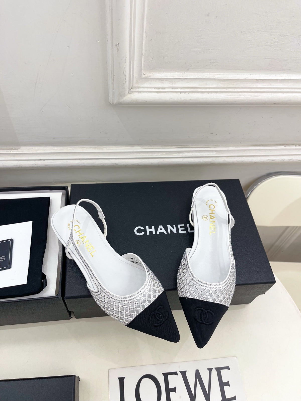 Chanel 26s Flat Pointed Toe Slingback White Mesh Black Toe Cap
