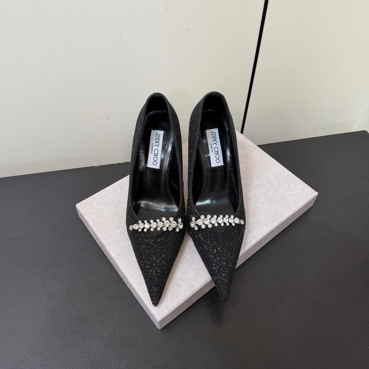 Jimmy Choo 26S Embellished High Heels 9.0cm Black Glitter 635194