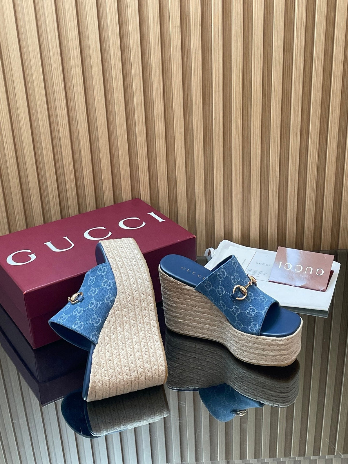 Gucci 26S Wedge Sandals 11Cm In Blue Canvas GG Monogram