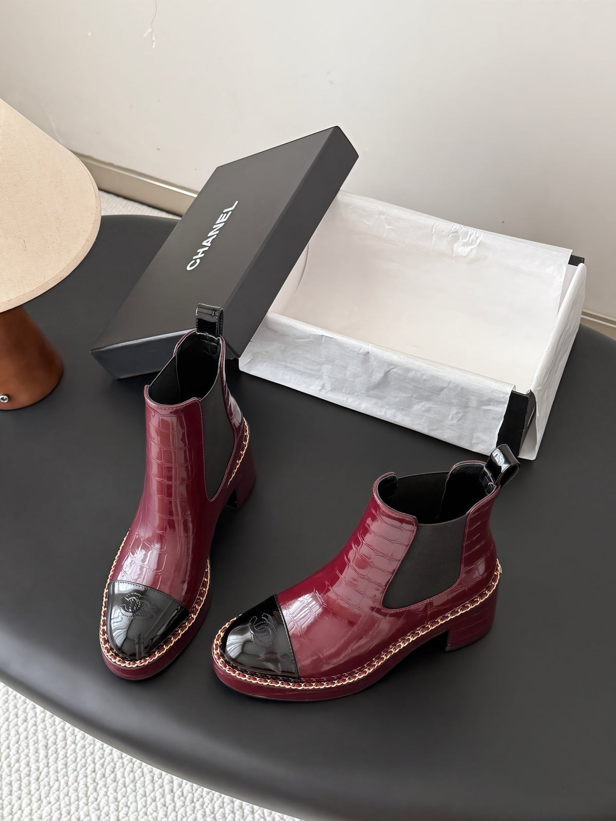 Chanel 26s Chelsea Ankle Boots 7 Cm Burgundy Embossed Black Patent