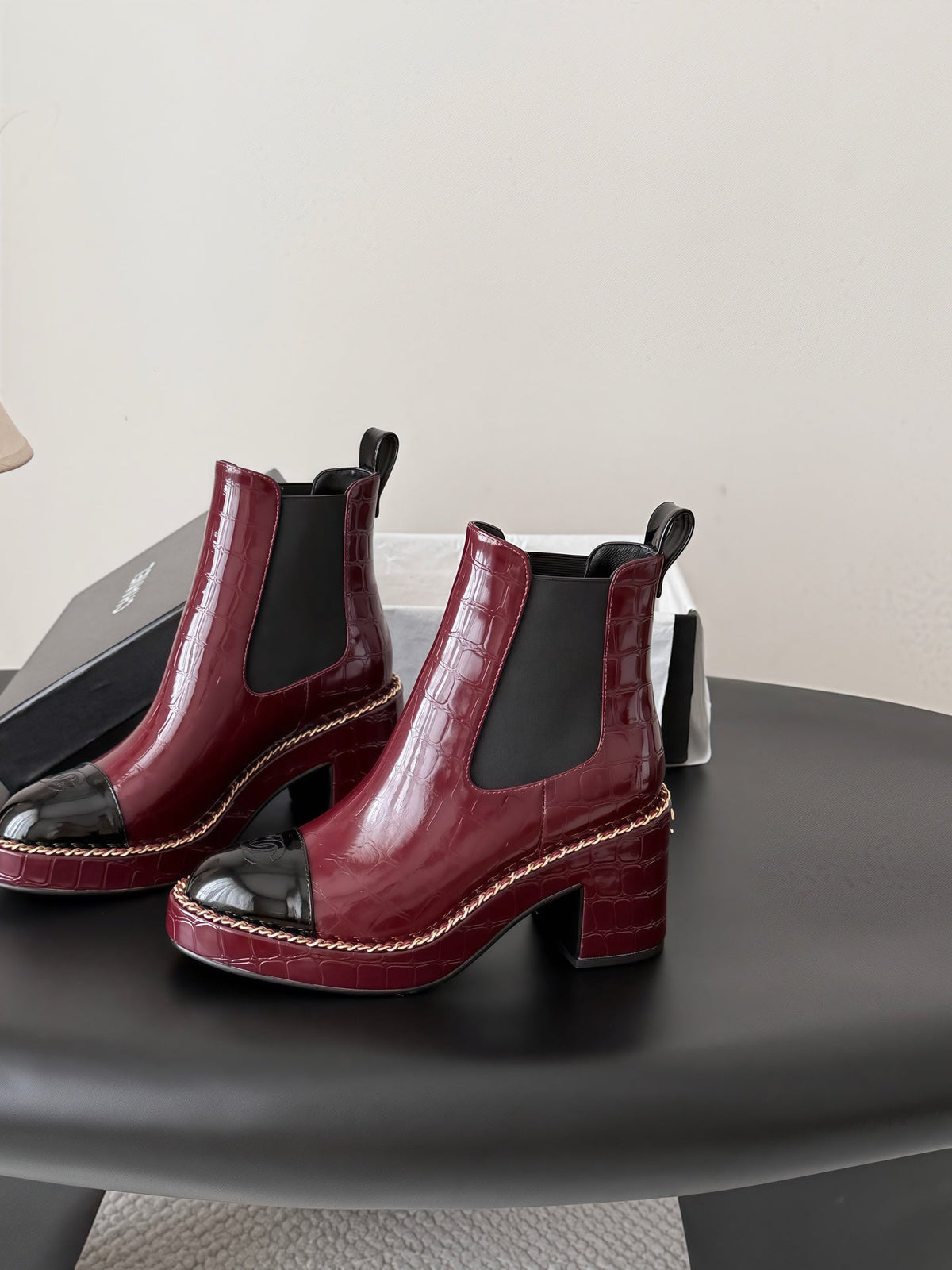 Chanel 26s Chelsea Ankle Boots 7 Cm Burgundy Embossed Black Patent