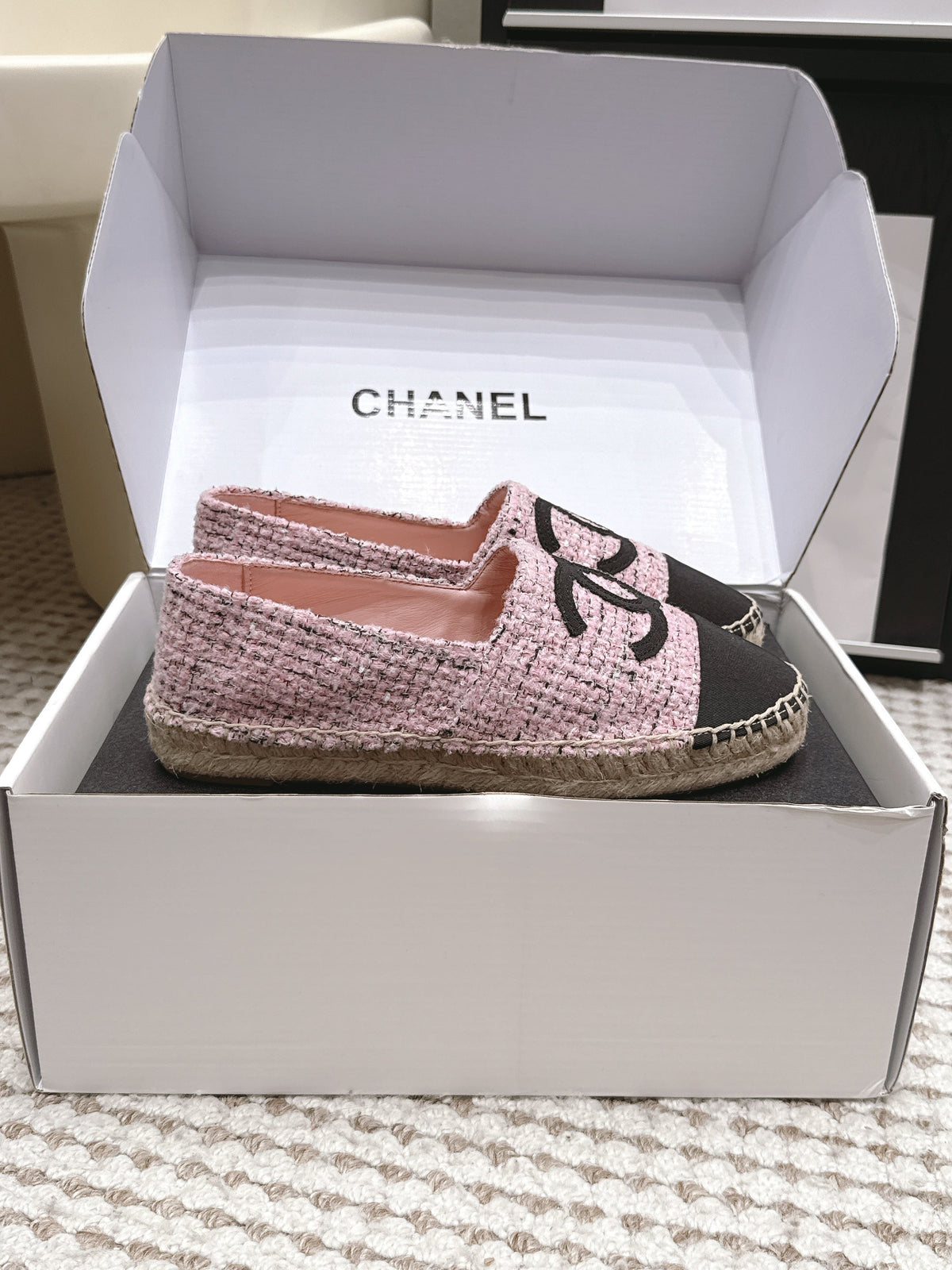 CC 26S Slip-Ons in Pink Mix Black Tweed and Patent Calfskin