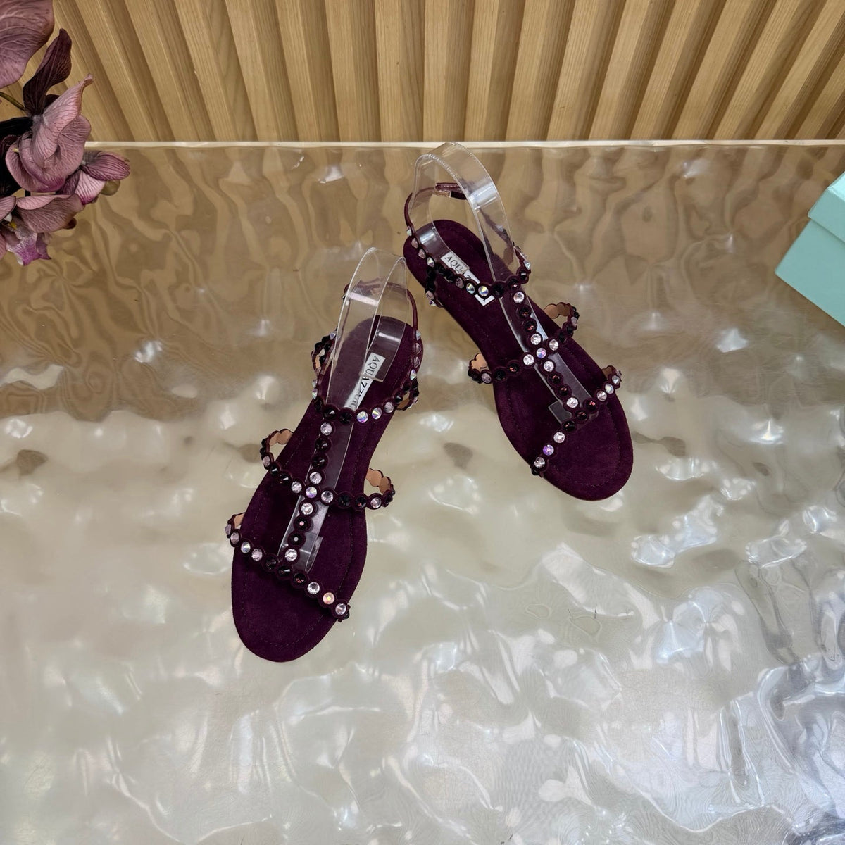 Aquazzura 26s Flat Sandals Burgundy Suede Crystal Embellished 482159
