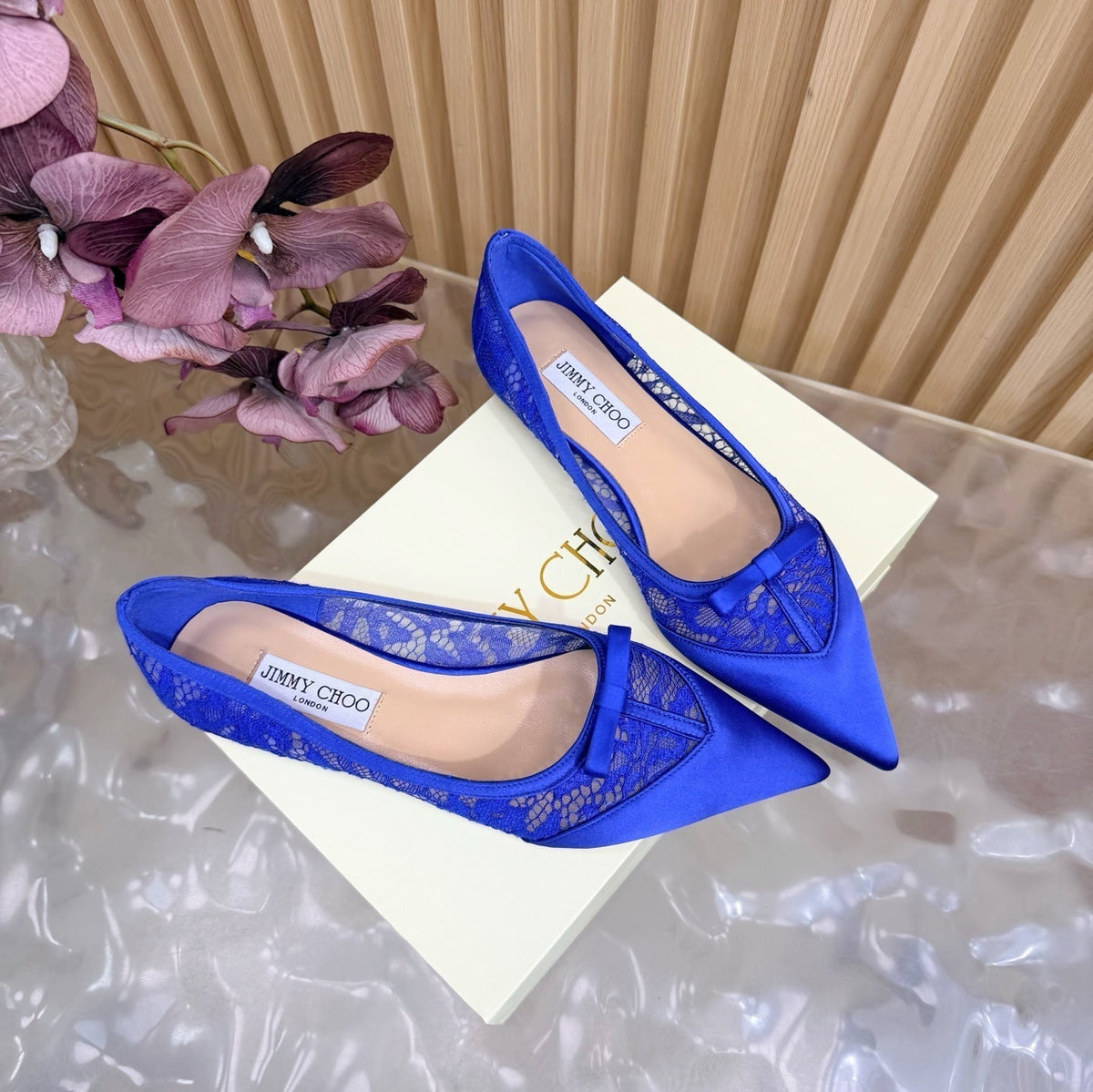 Jimmy Choo 26S Flats Dark Blue Lace And Satin 735219