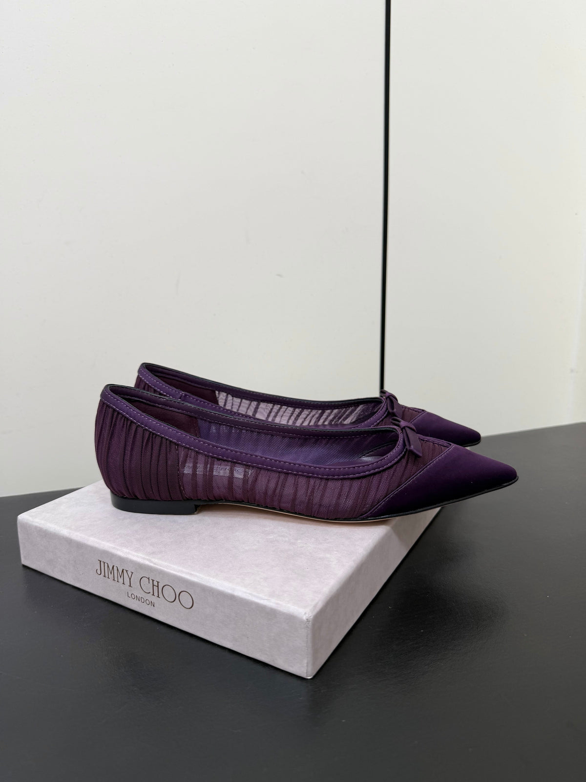 Jimmy Choo 26S Pointed-Toe Flats Dark Purple Satin 849312