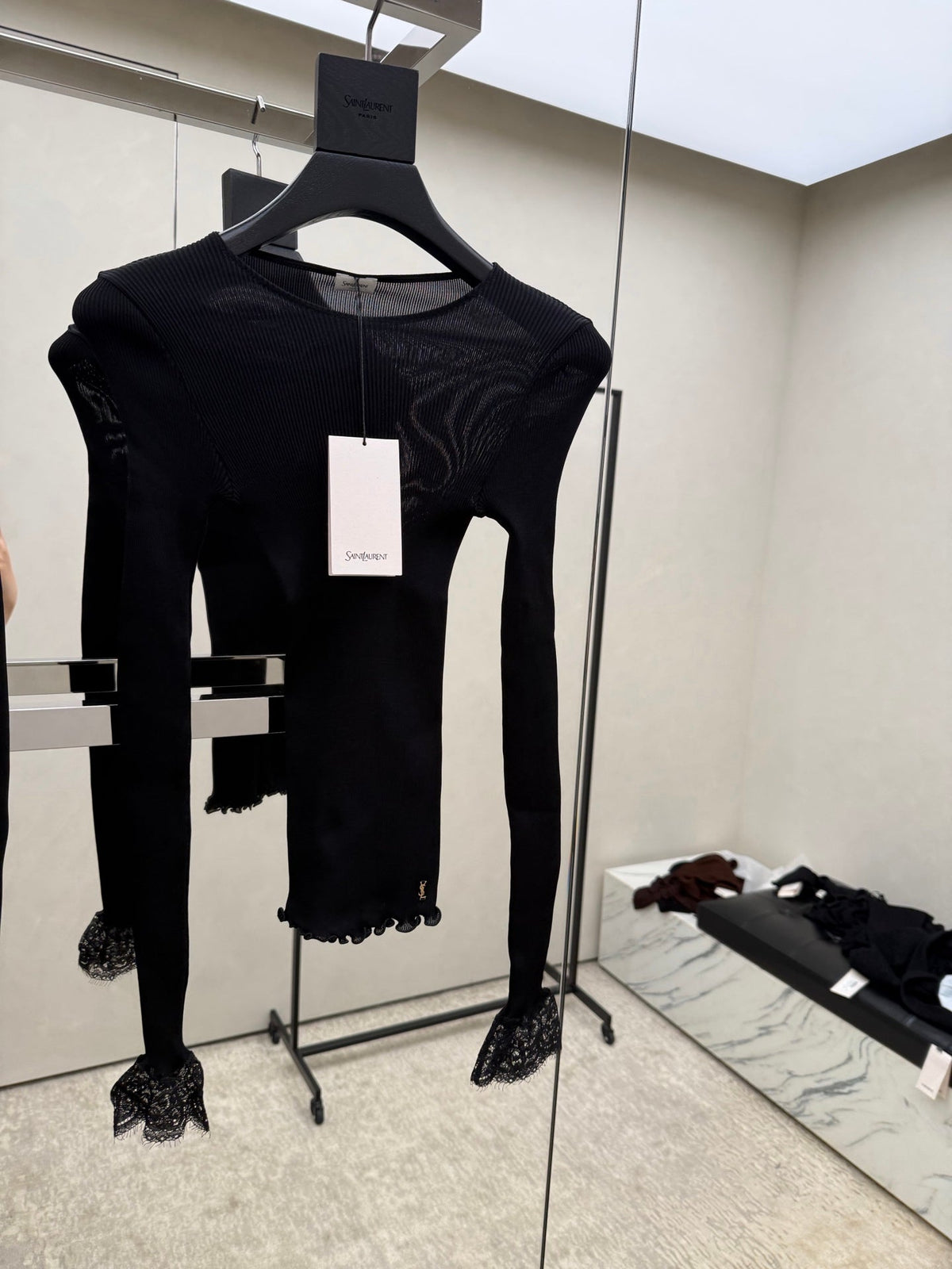 YSL Lace-Trimmed Ribbed-Knit Long-Sleeve Top Black Silk