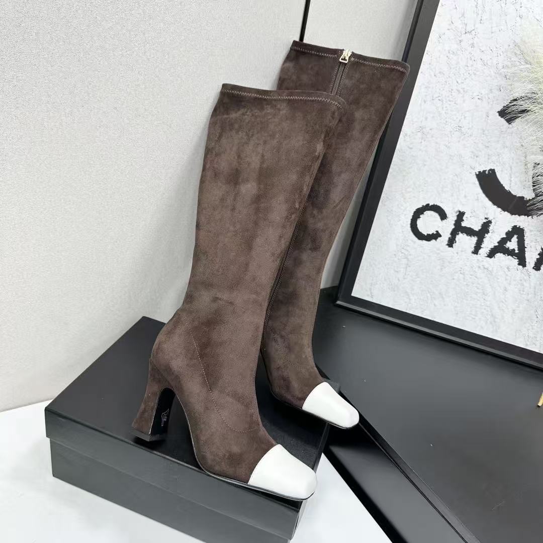 CC Bicolor Cap-Toe High Boots 8.5cm Dark Brown Stretch Suede