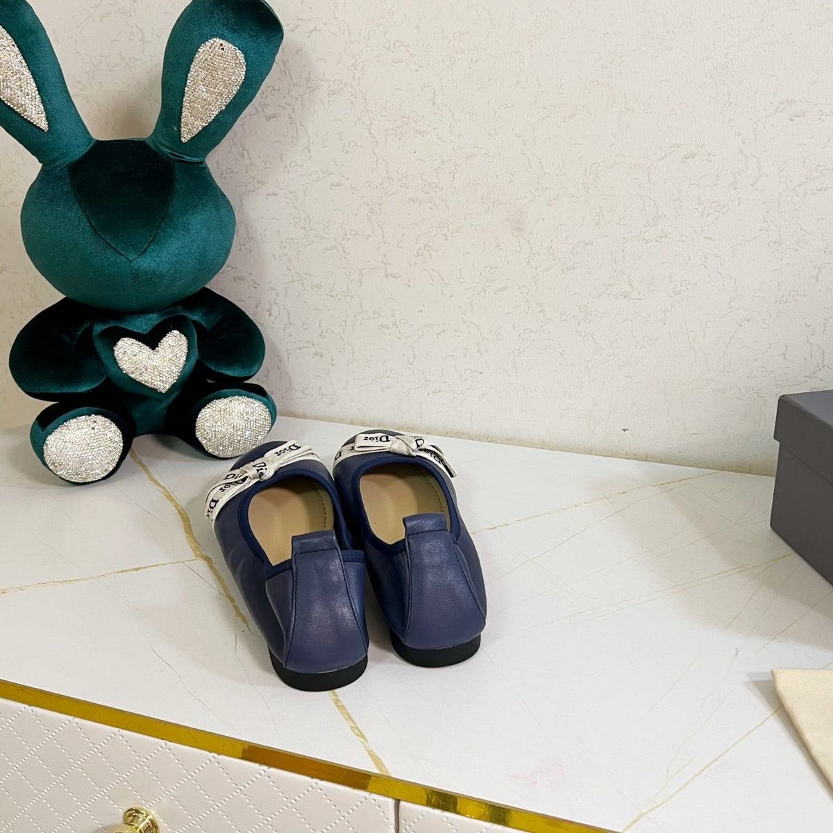 Dior 26s Bow Ballet Flats Navy Blue Calfskin