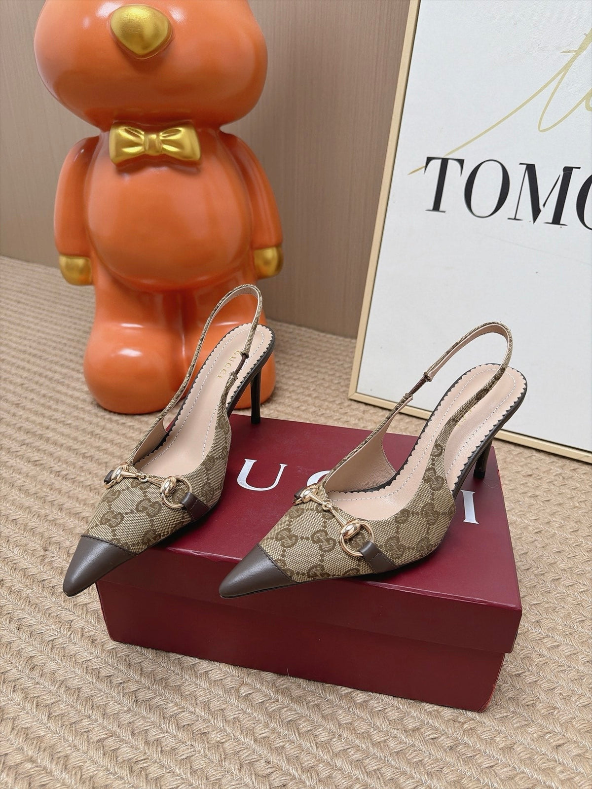 Gucci 26s Slingback Heels 10.5cm Beige Canvas Mix Brown Lambskin