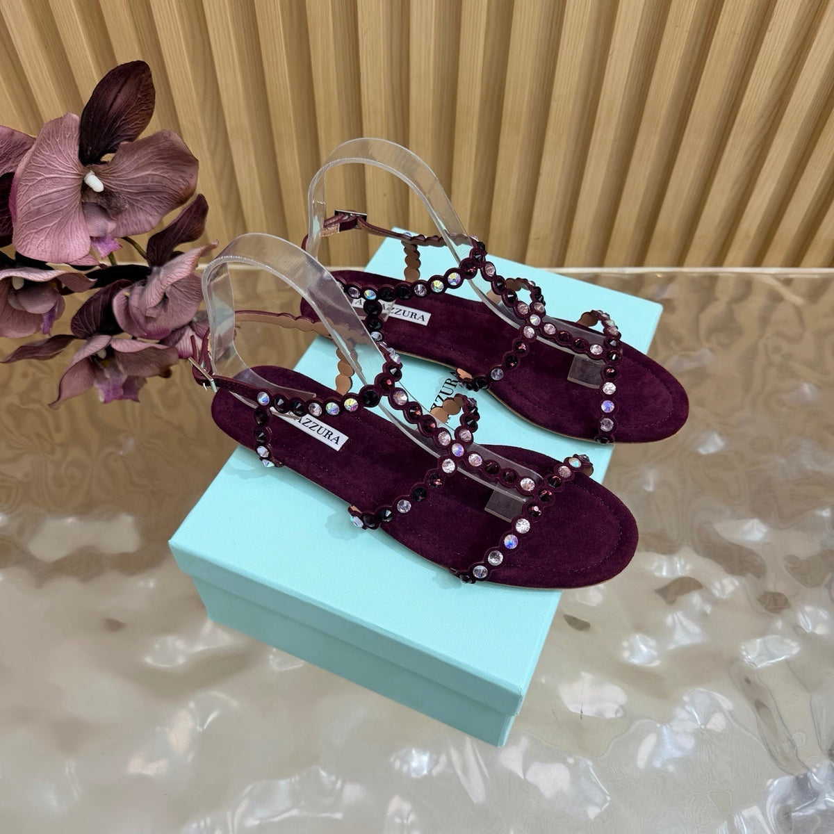 Aquazzura 26s Flat Sandals Burgundy Suede Crystal Embellished 482159