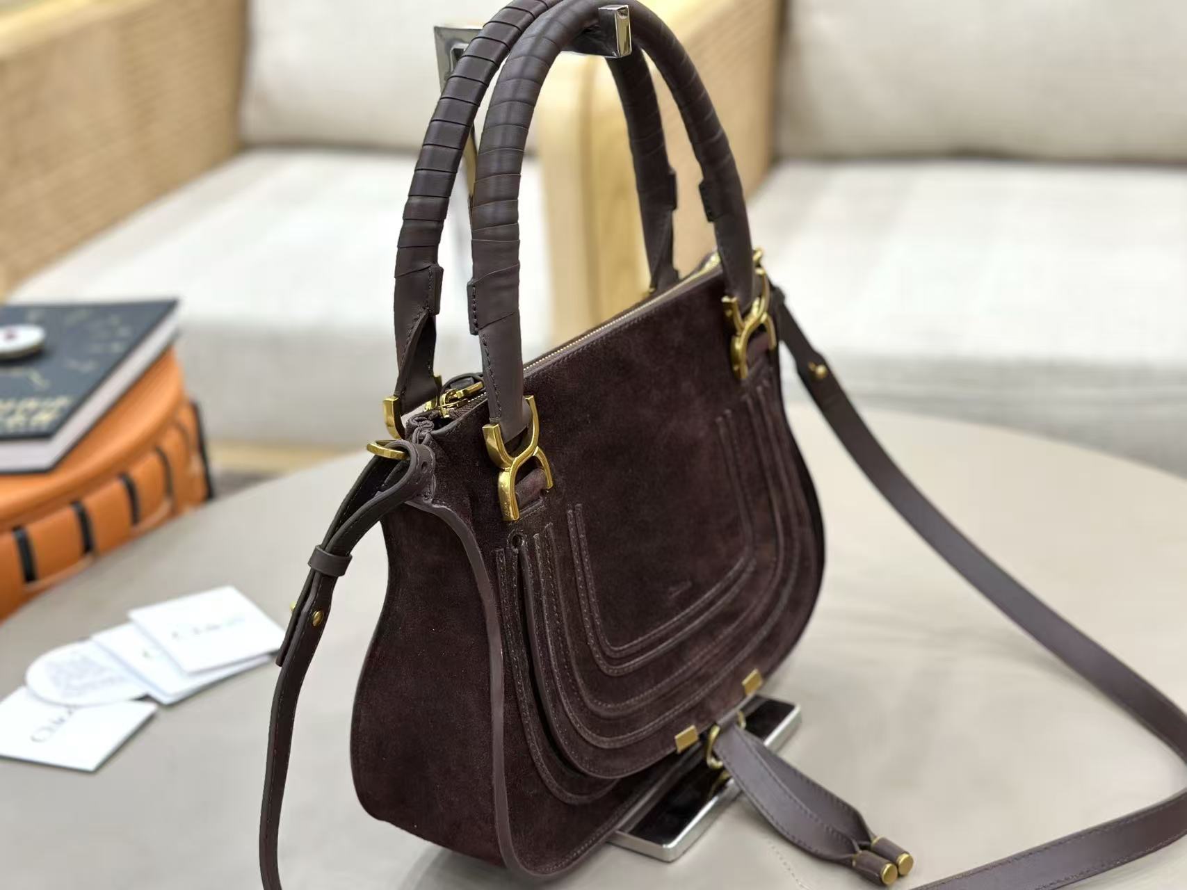 Marcie Bag In Grained Leather Dark Brown Suede