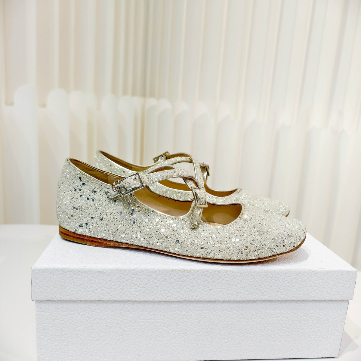 Dior 26s Mary Jane Flats Silver Sequin Embroidered Fabric