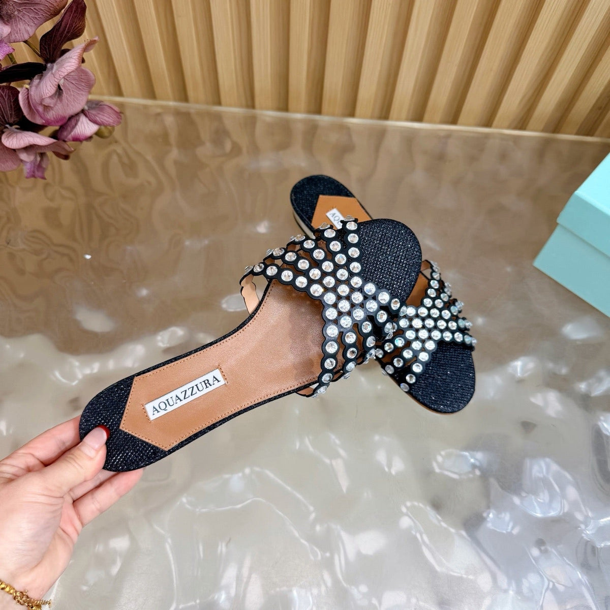 Aquazzura 26s Slides Black Lurex Fabric 830154