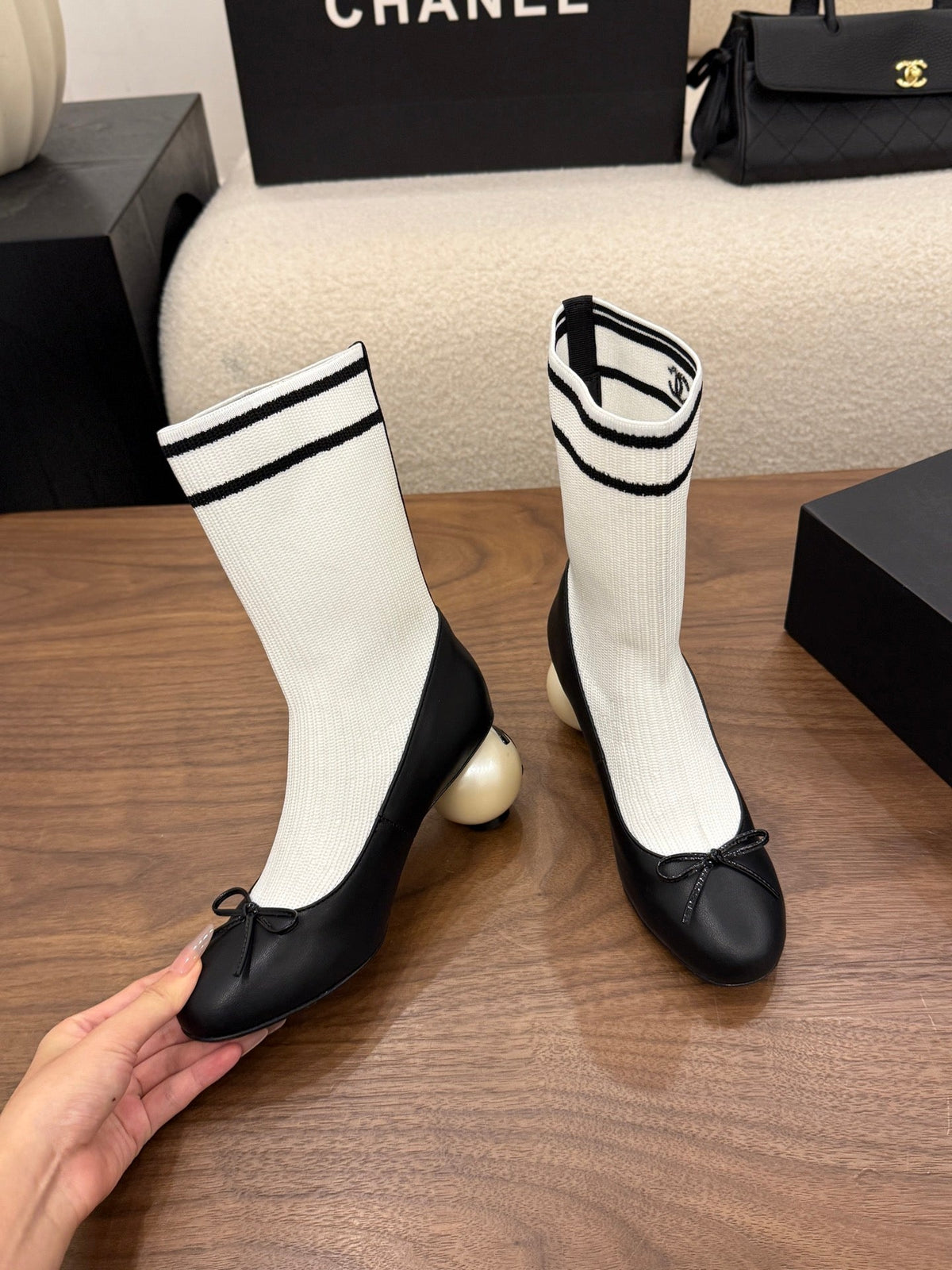 Chanel 2026 Pearl Sock Ankle Boots 65mm Cowhide Knit 173311