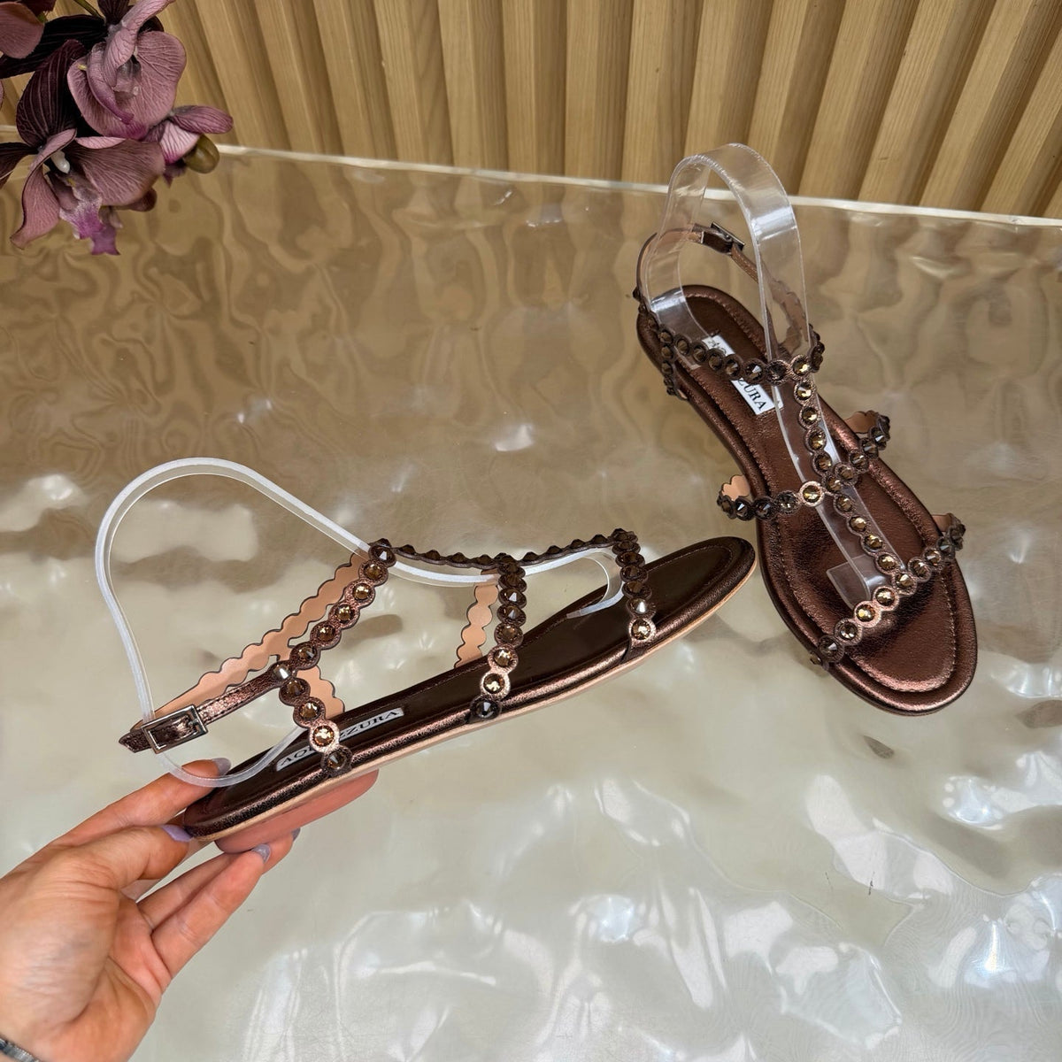 Aquazzura 26s Flat Sandals Dark Bronze Calfskin Crystal Embellished 501837