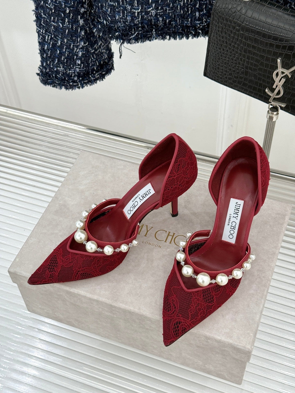 Jimmy Choo 26S High Heels 8.5cm Dark Red Lace Pearl-Embellished 629147
