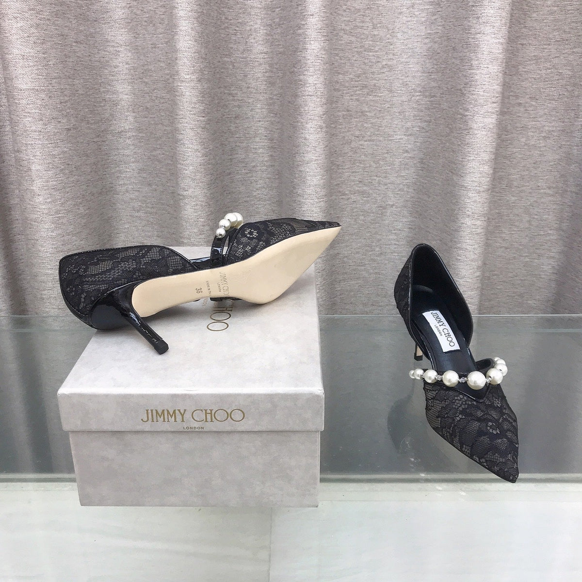 Jimmy Choo 26S High Heels 6.5cm Black Lace Pearl-Embellished 529418