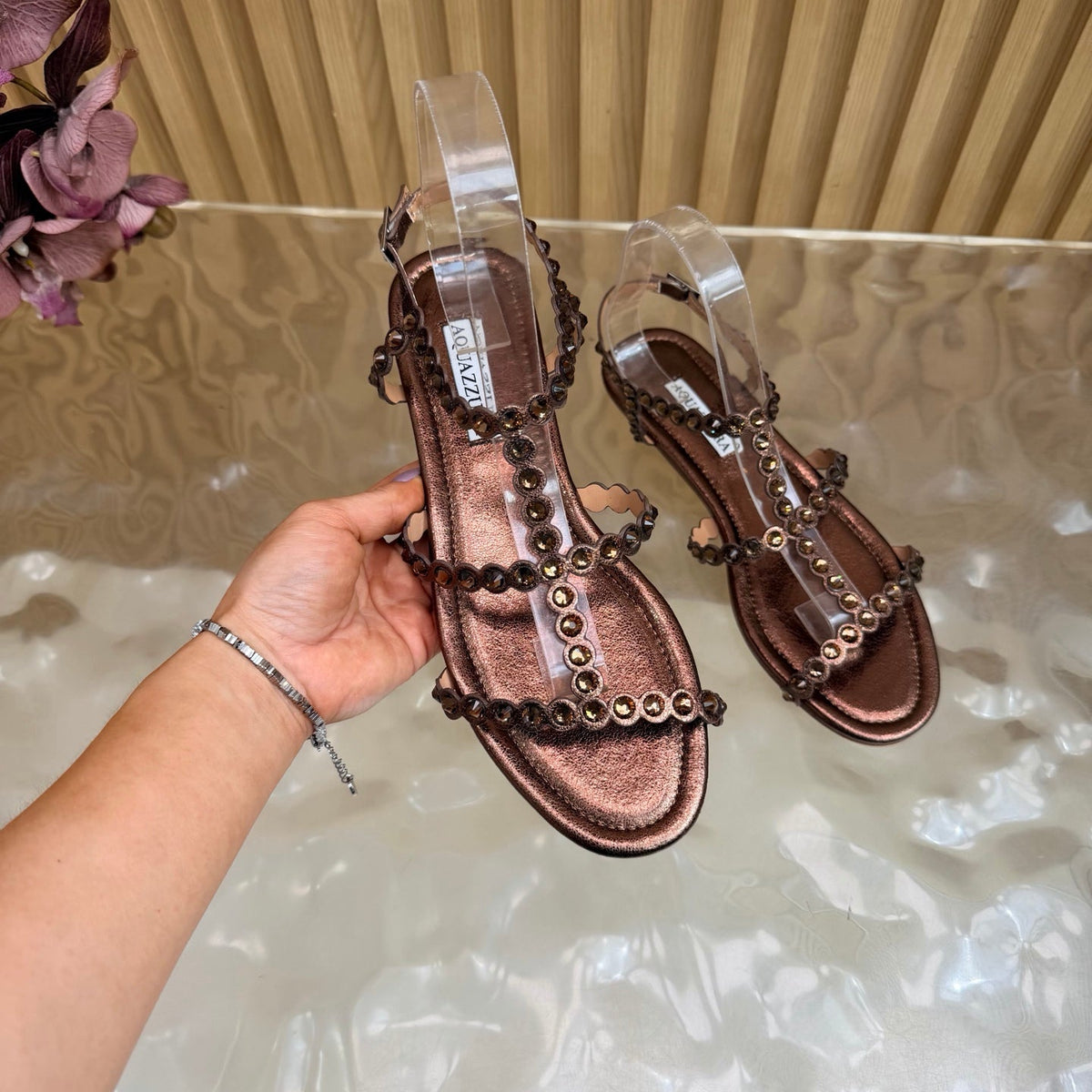 Aquazzura 26s Flat Sandals Dark Bronze Calfskin Crystal Embellished 501837