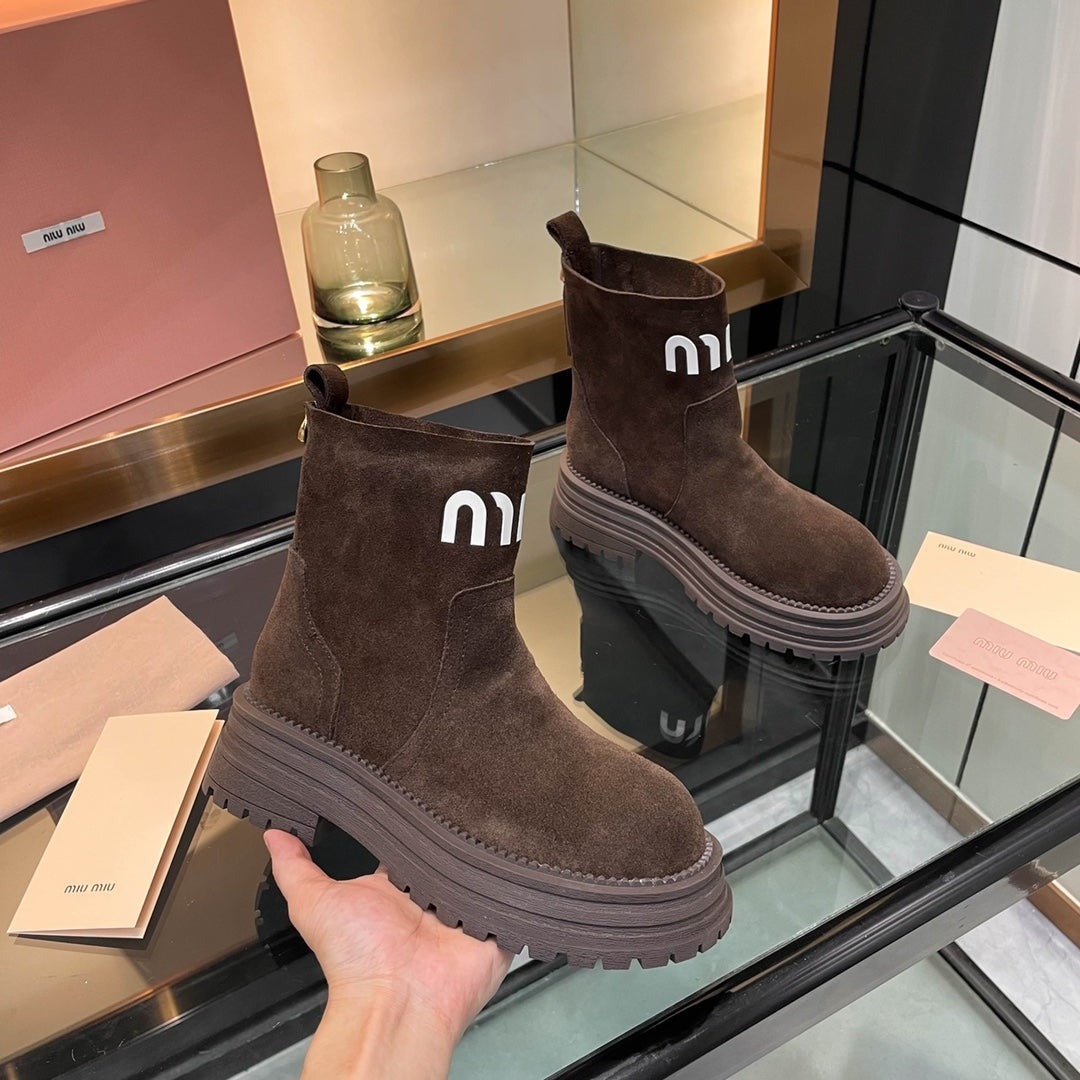 Miumiu 26s Logo Chunky Ankle Boots Dark Brown Suede