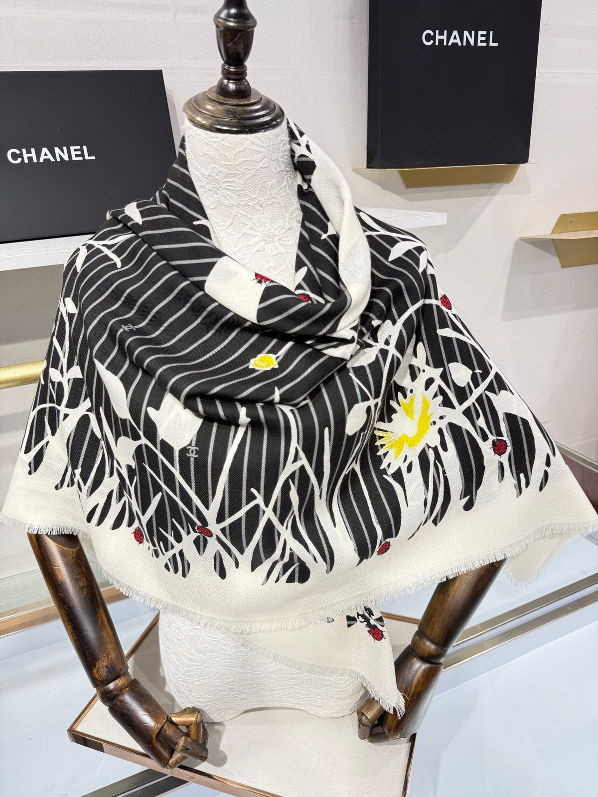 Chanel 2026 Floral Square Scarf 140cm Black Cashmere Silk 218856