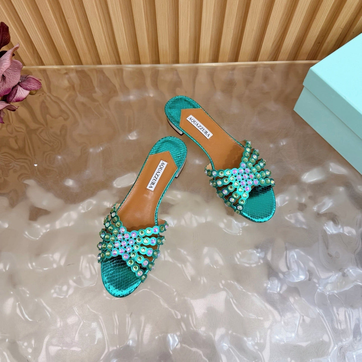 Aquazzura 26s Slides Emerald Green Snakeskin Embossed Leather 592814
