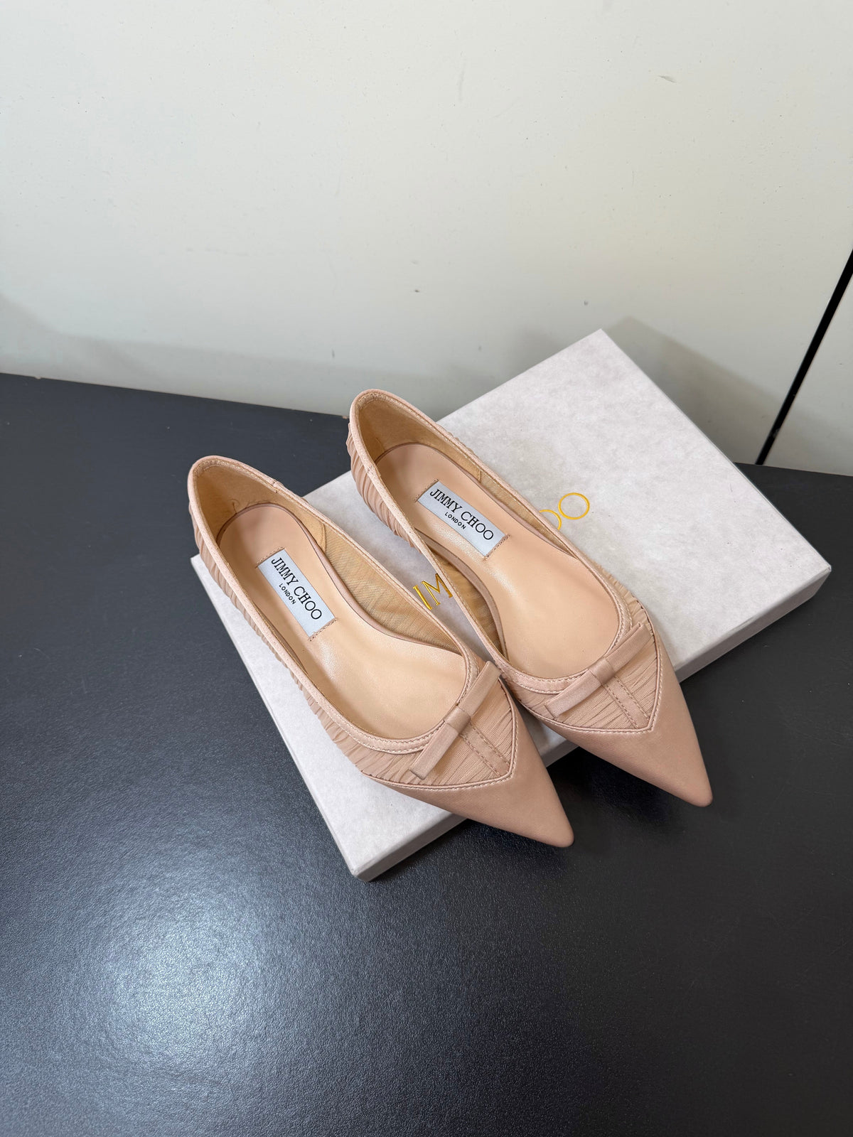 Jimmy Choo 26S Pointed-Toe Flats Nude Satin 639251