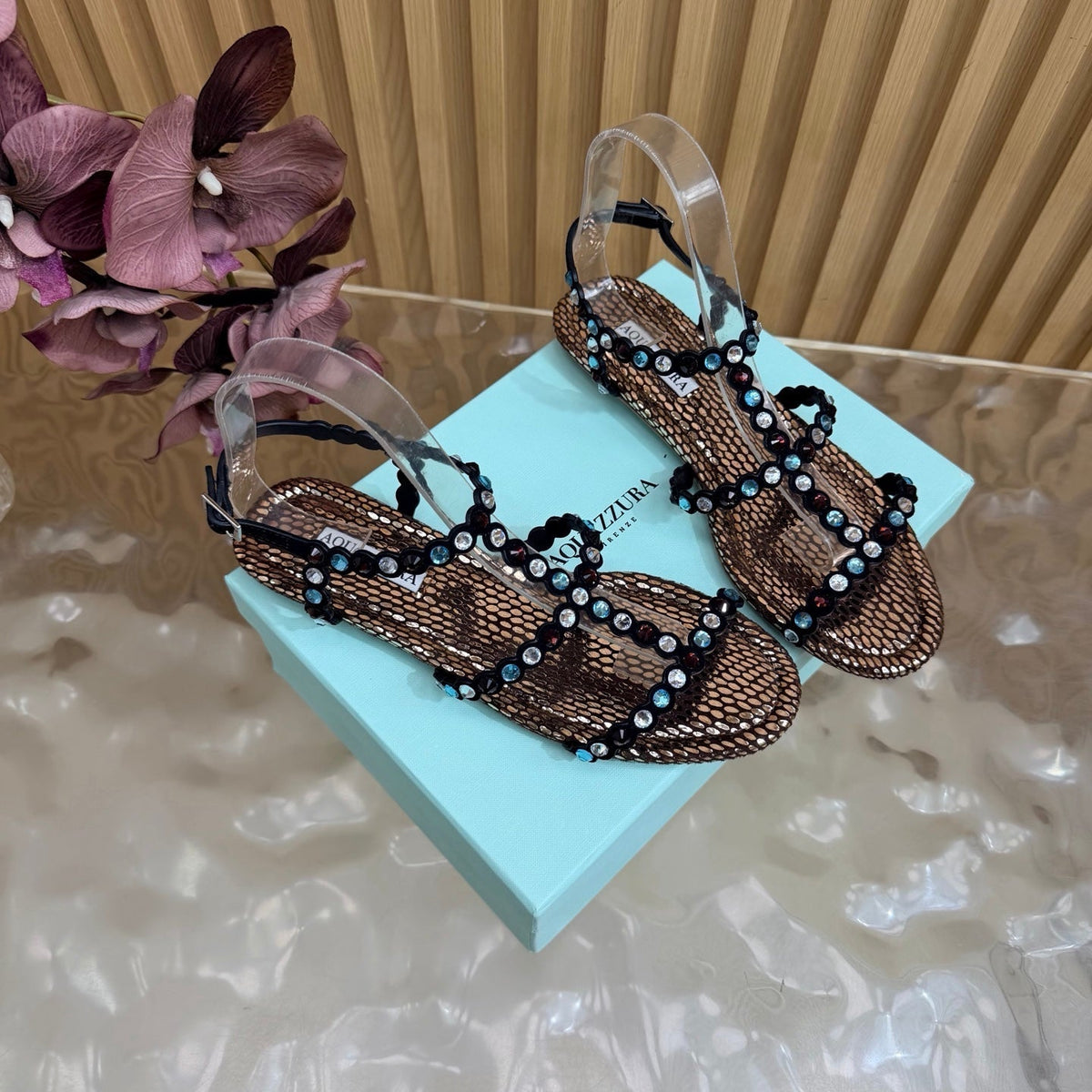Aquazzura 26s Flat Sandals Bronze Metallic Snakeskin Crystal Embellished 831495