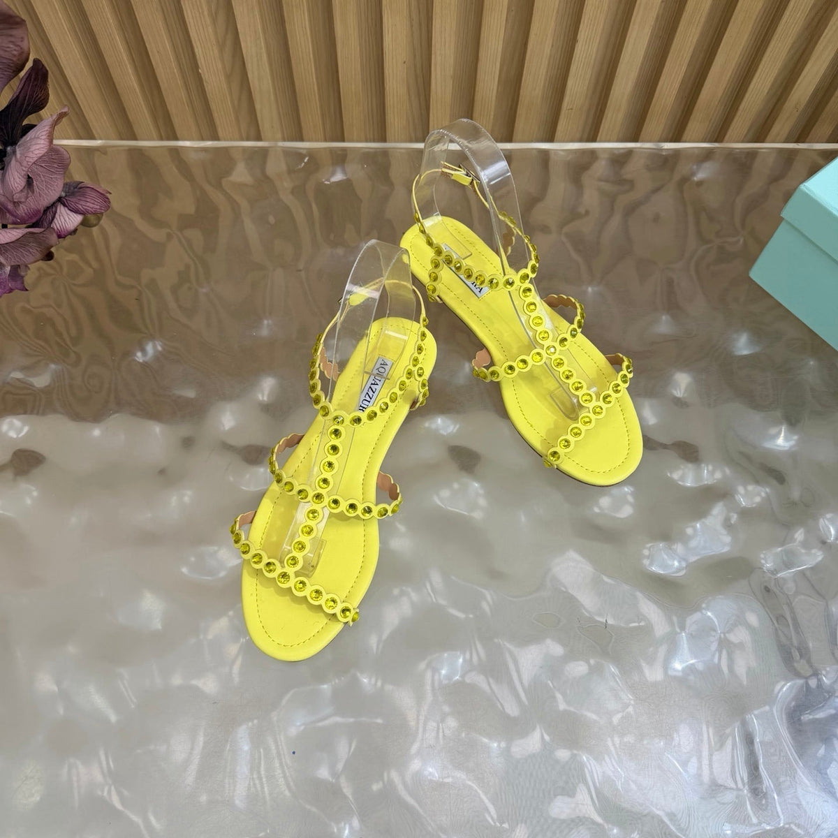 Aquazzura 26s Flat Sandals Yellow Calfskin Crystal Embellished 739158